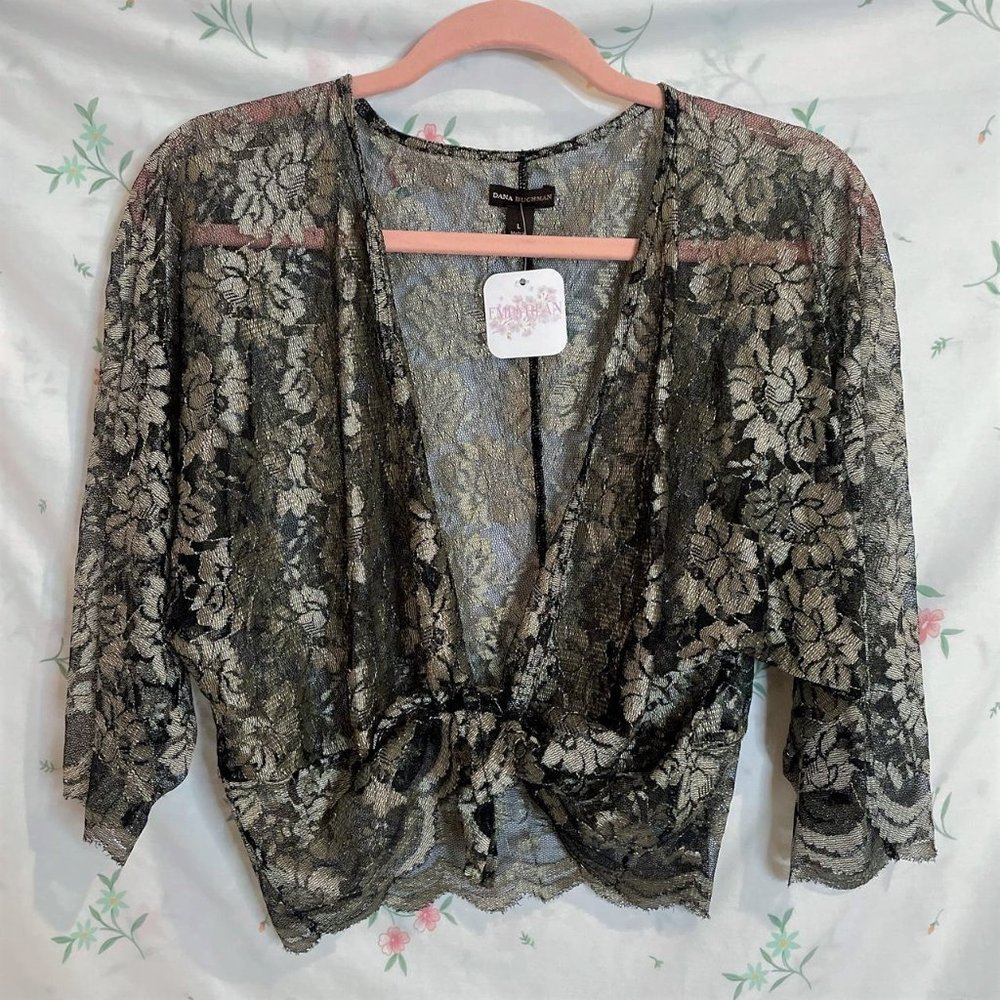 y2k 2000s Dana Buchman Sheer Black and Gold Lace Bolero Cardigan Size M/L